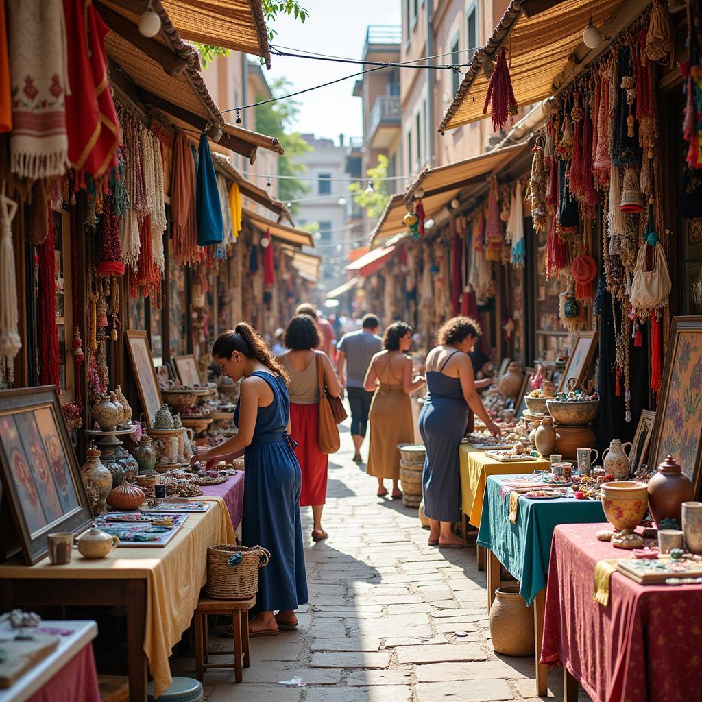 La Cueva Arts and Crafts Fair bustling marketplace scene with artists showcasing diverse handcrafted goods.