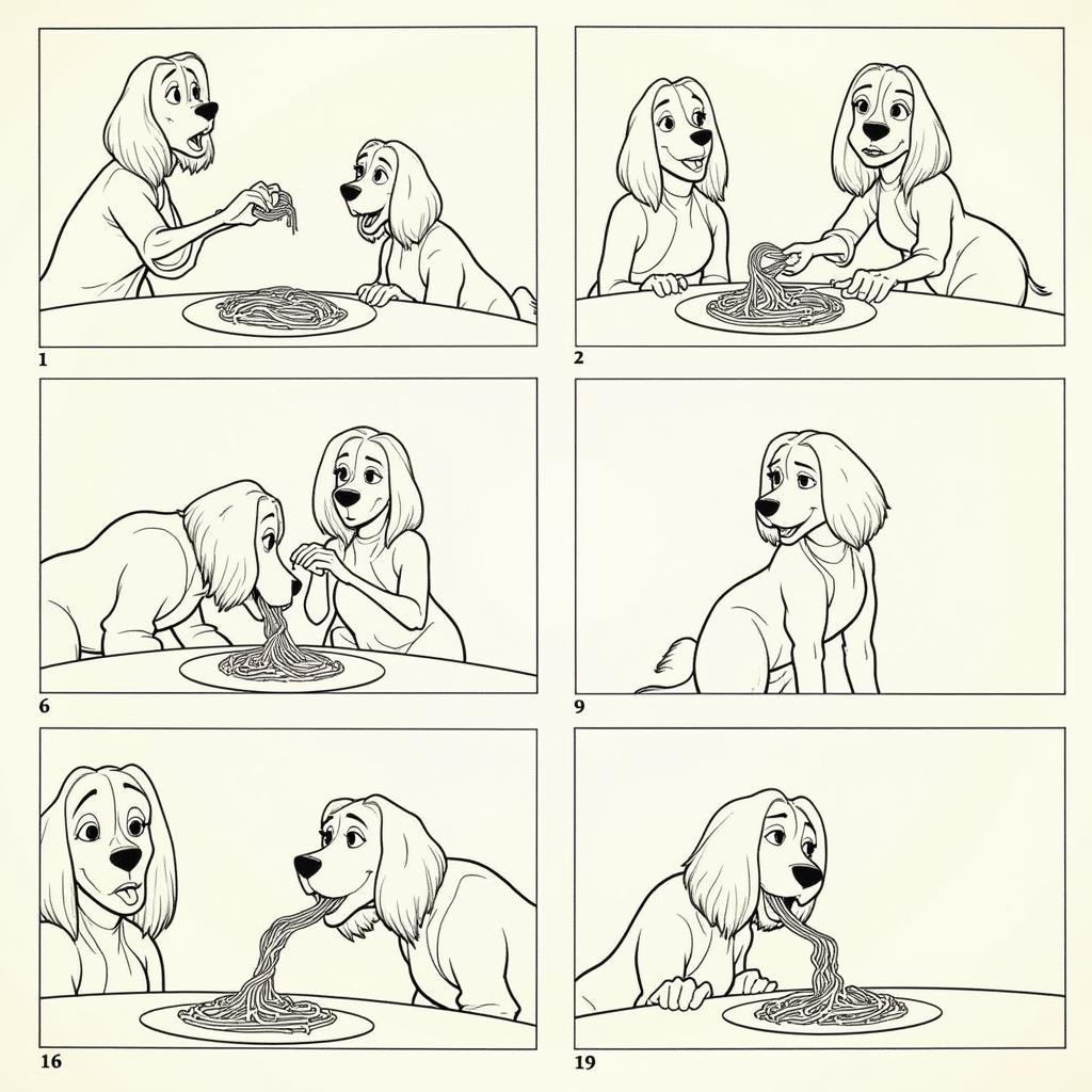 Storyboard Depicting the Iconic Spaghetti-Sharing Scene