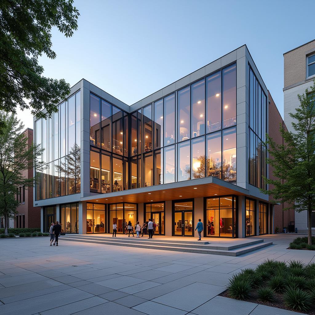 The inviting exterior of the Lake Orion Performing Arts Center, showcasing its modern architecture and welcoming ambiance.