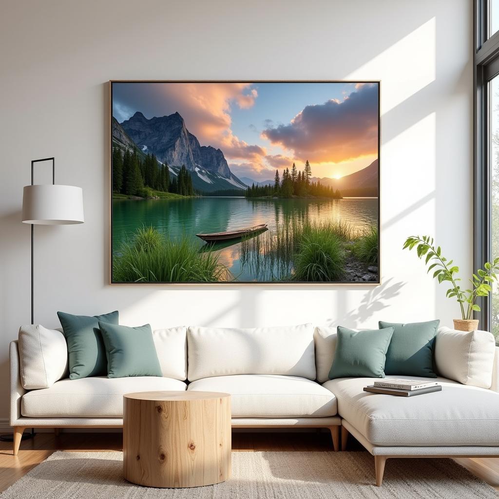 Living Room with Landscape Canvas Wall Art