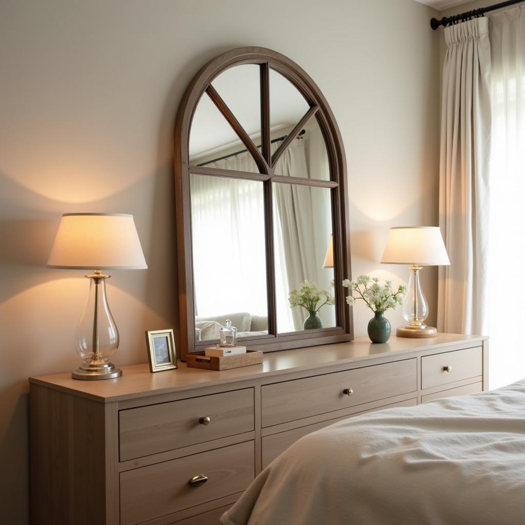 Elegant Bedroom with a Large Arched Windowpane Mirror