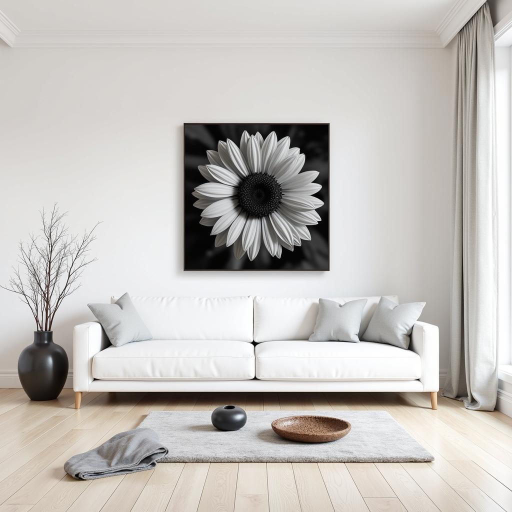 Large black and white sunflower wall art in a minimalist living room.