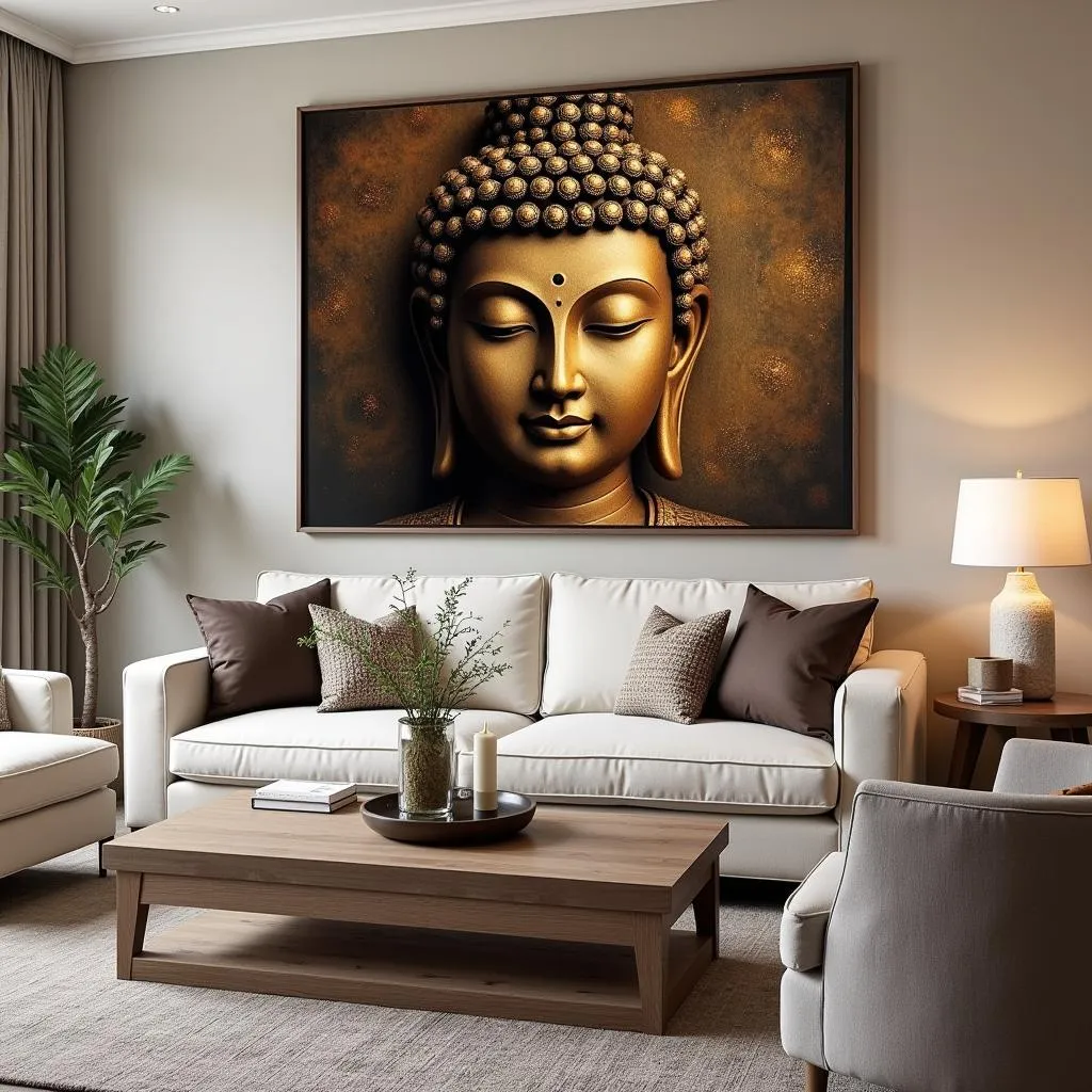 Large Buddha wall art in a modern living room