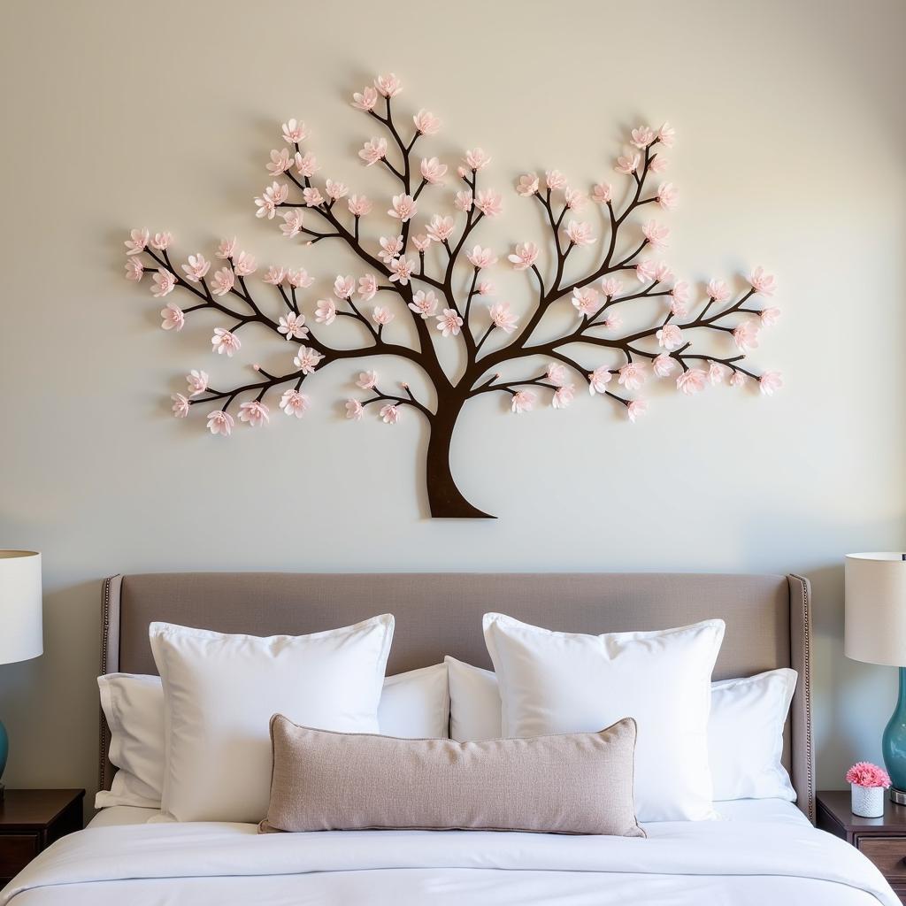 Serene Bedroom with Large Cherry Blossom Metal Wall Art