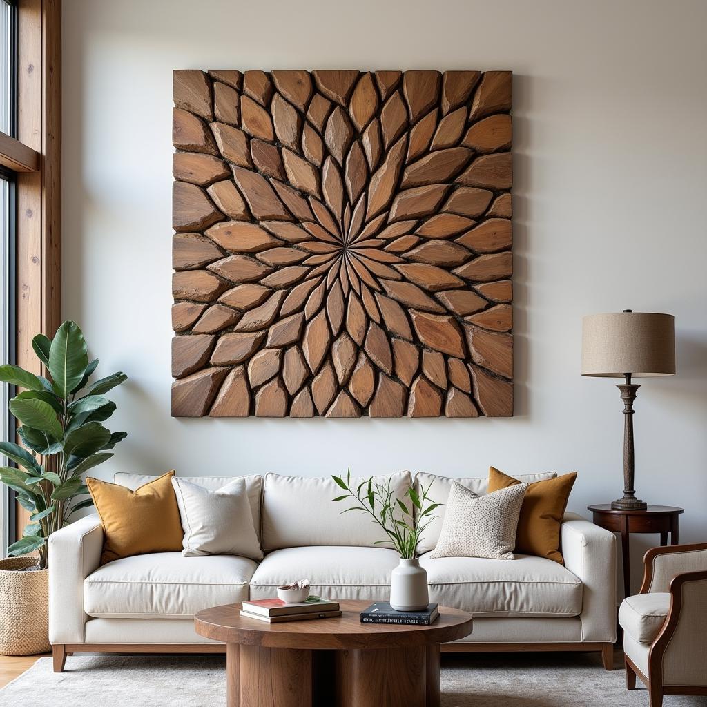 Large Driftwood Panel Wall Art in a Living Room