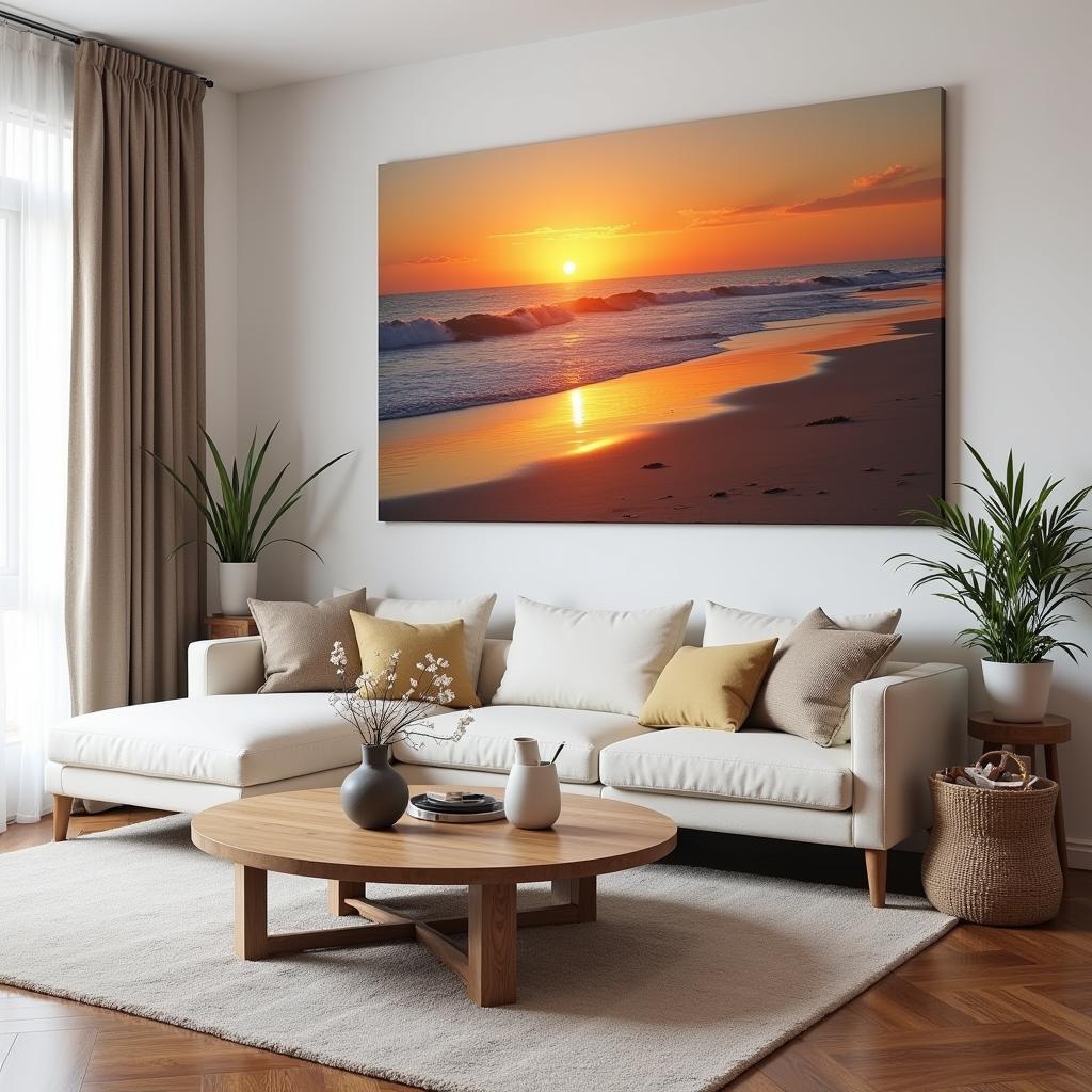 Large framed coastal wall art in a living room setting