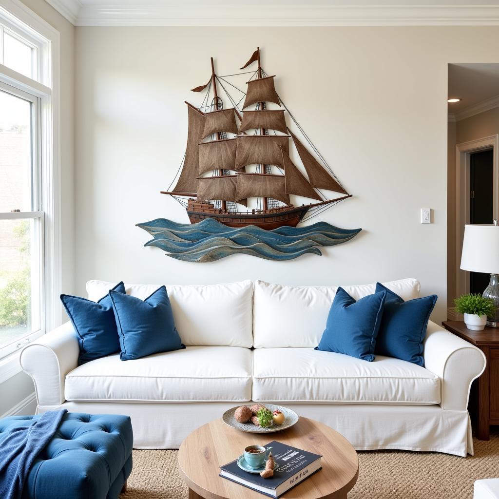 Large Metal Sailboat Wall Art in a Coastal-Themed Living Room