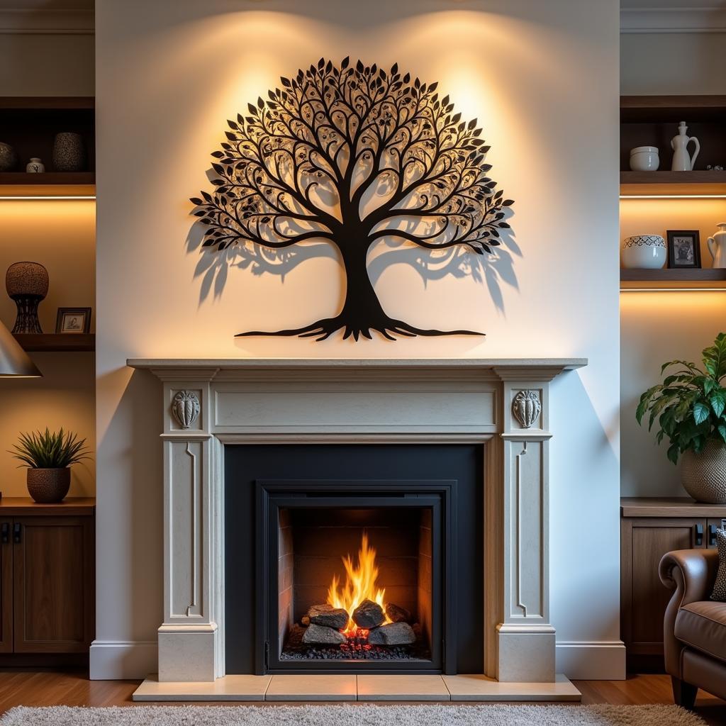 Large Metal Wall Art Above Fireplace