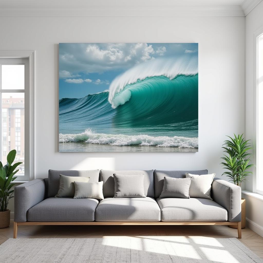 Large ocean wall art hung above a sofa in a living room