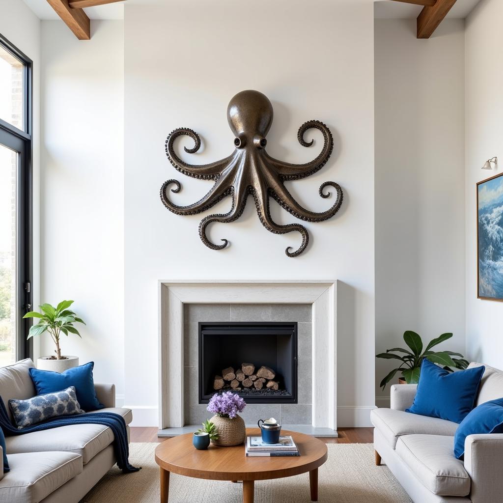 Large octopus wall art as a statement piece in a living room