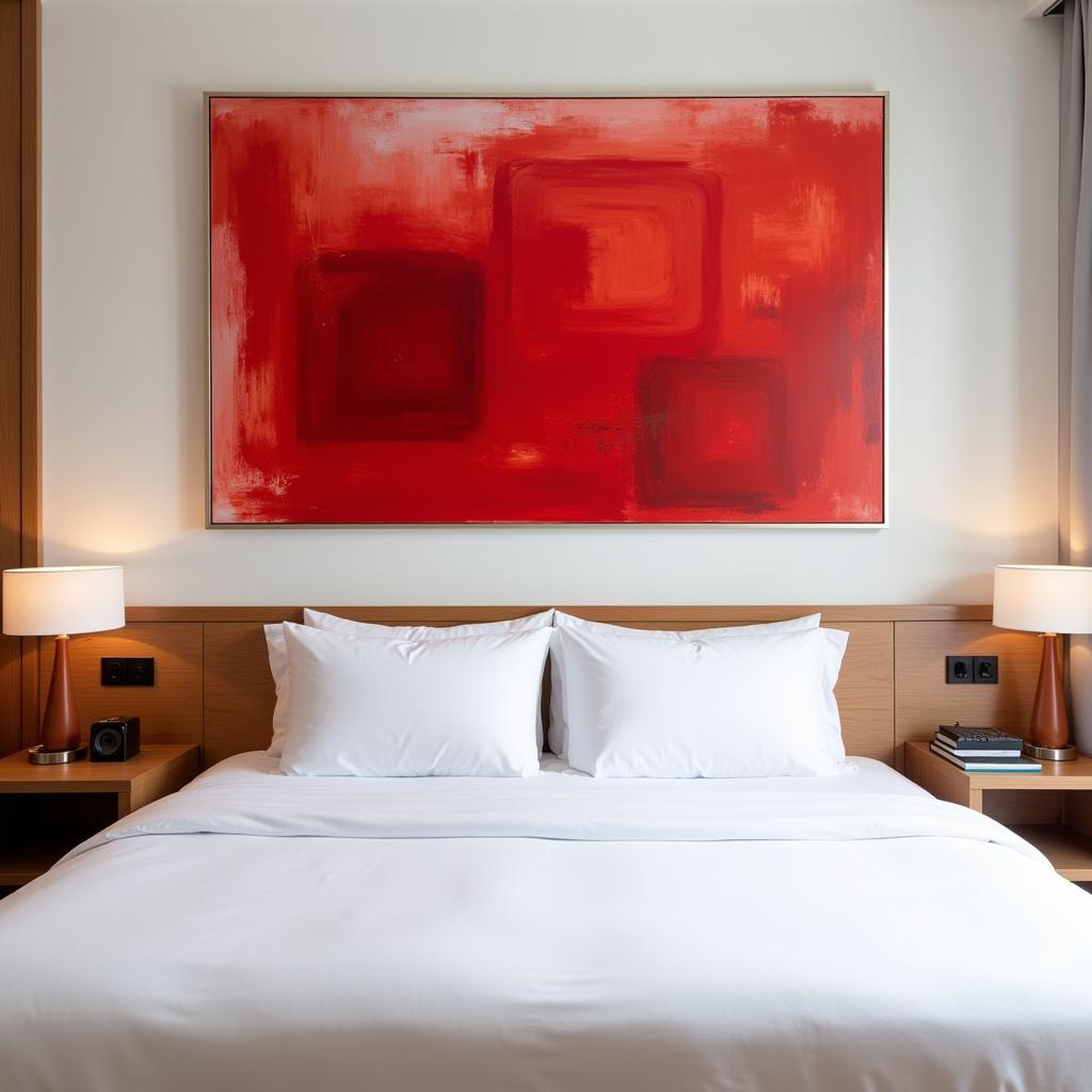 Large Red Wall Art Above a Bed in a Modern Bedroom