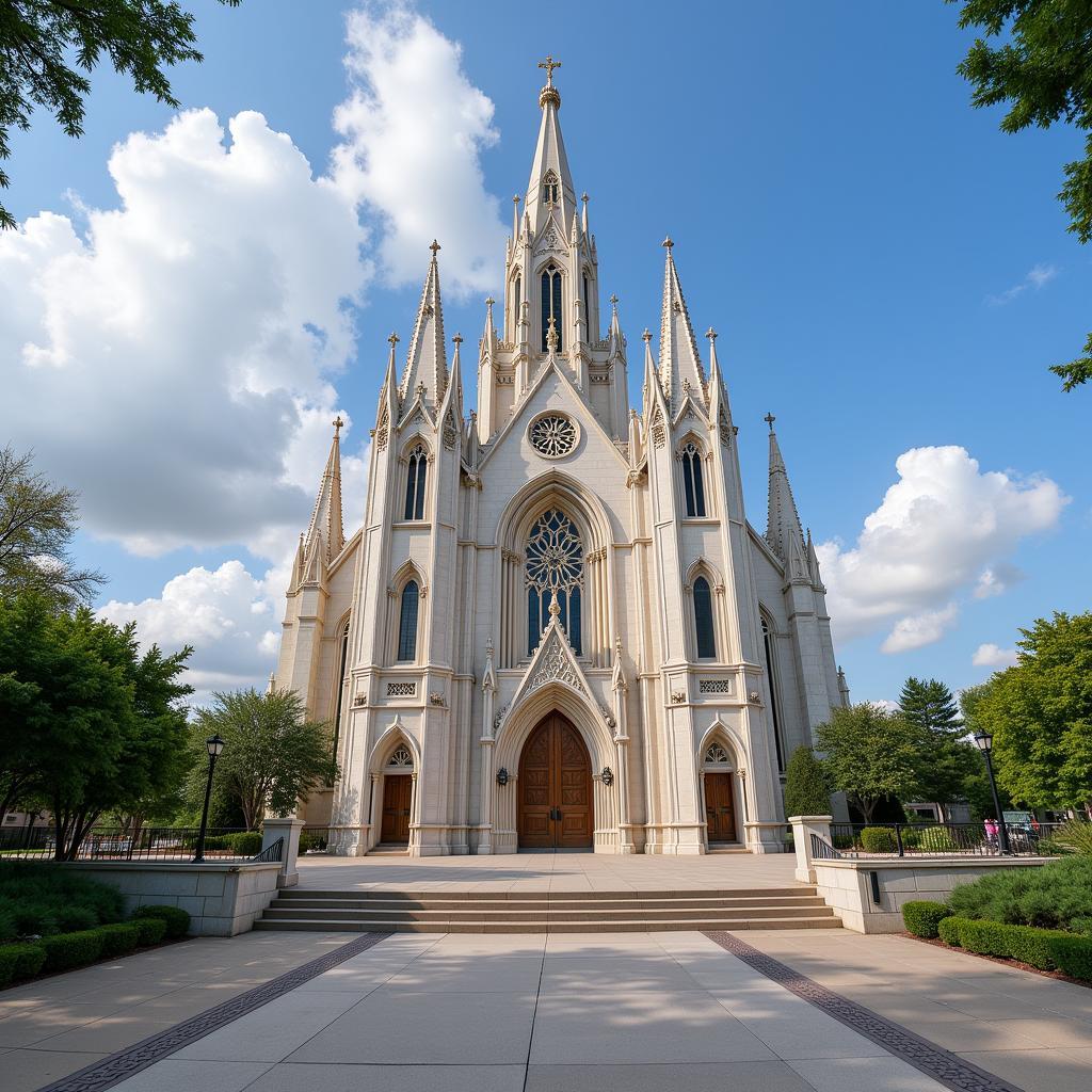 LDS Temple Exterior with Symbolic Architectural Details 