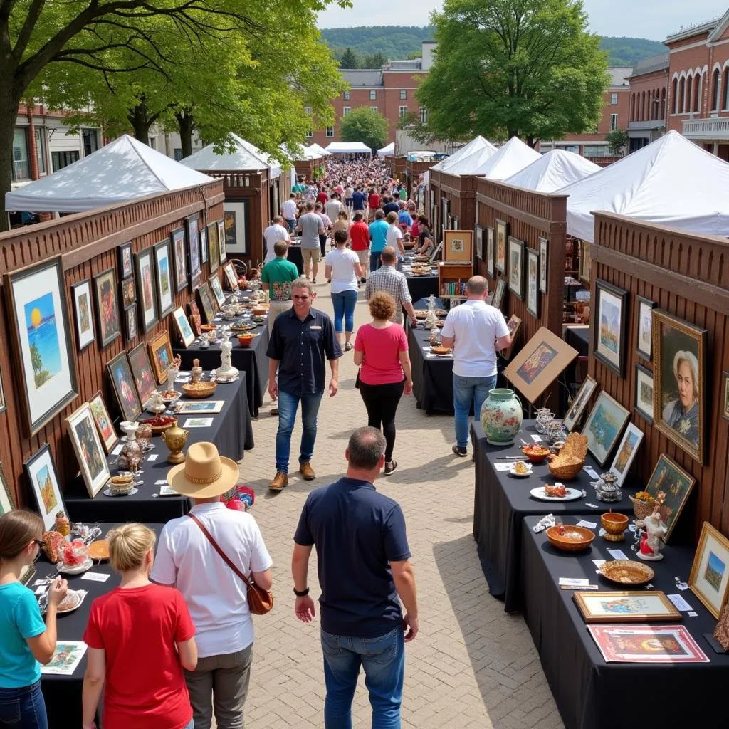 A vibrant scene from the Arts in the Alley festival in Grove City, Ohio, showcasing a bustling crowd amidst colorful art displays and live music performances.