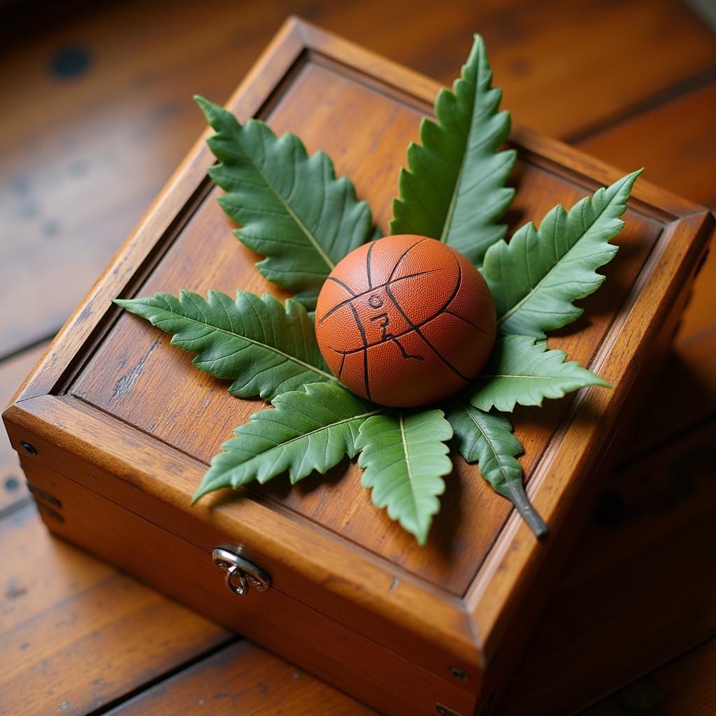 Leaf art meticulously crafted on a basketball-themed sport box