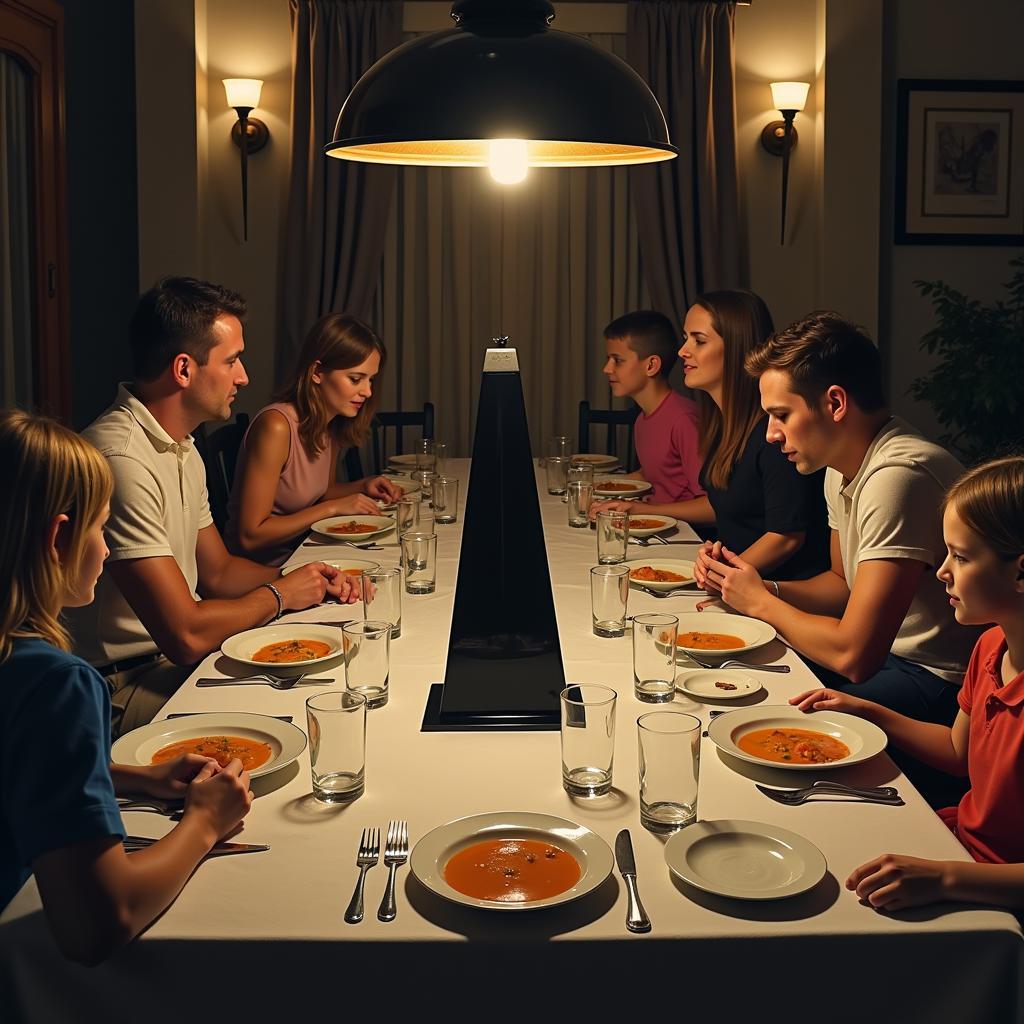 Led Zeppelin Presence cover art featuring the black obelisk object on a dinner table