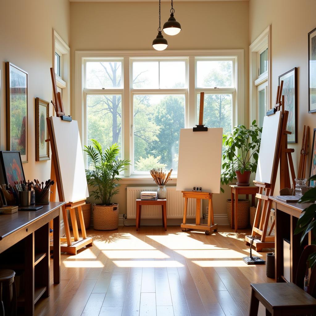 Spacious art studio bathed in natural light.