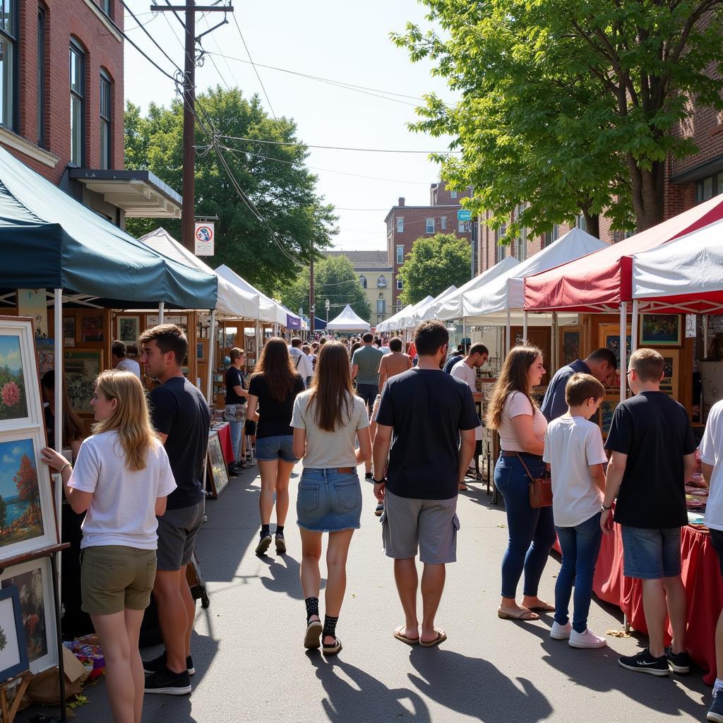 Artists and attendees mingle amidst colorful booths at the Lexington Michigan Art Fair