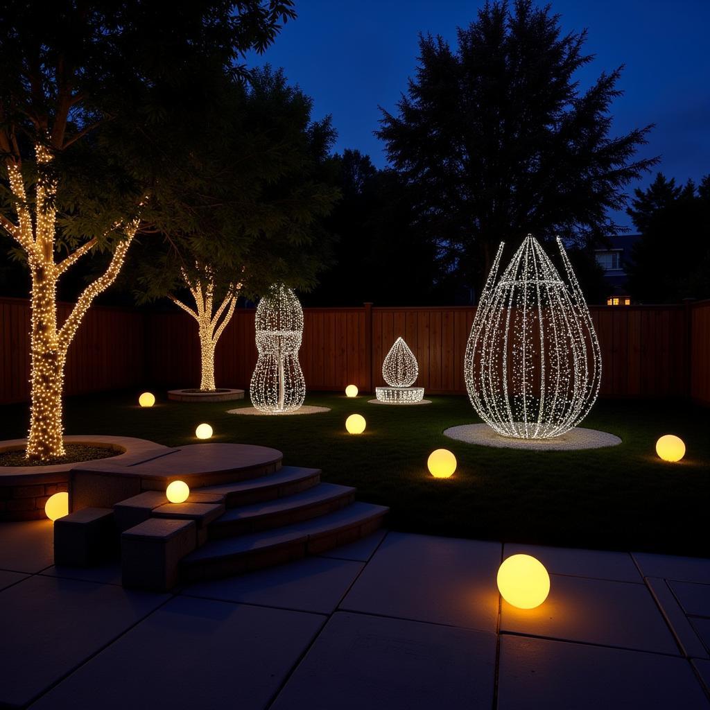 Lighted outdoor art pieces illuminating a garden.