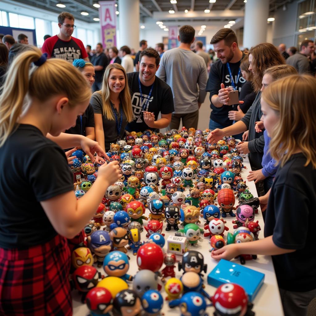 A bustling scene at a lil heroes art toy convention, showcasing a vast array of figures, artwork, and enthusiastic attendees