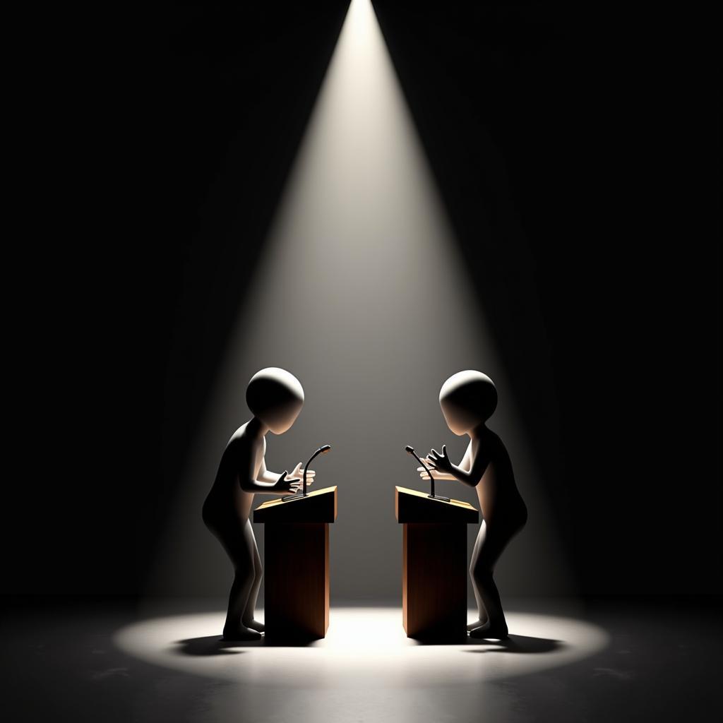 Two figures engaged in a heated debate on a podium, illuminated by a spotlight