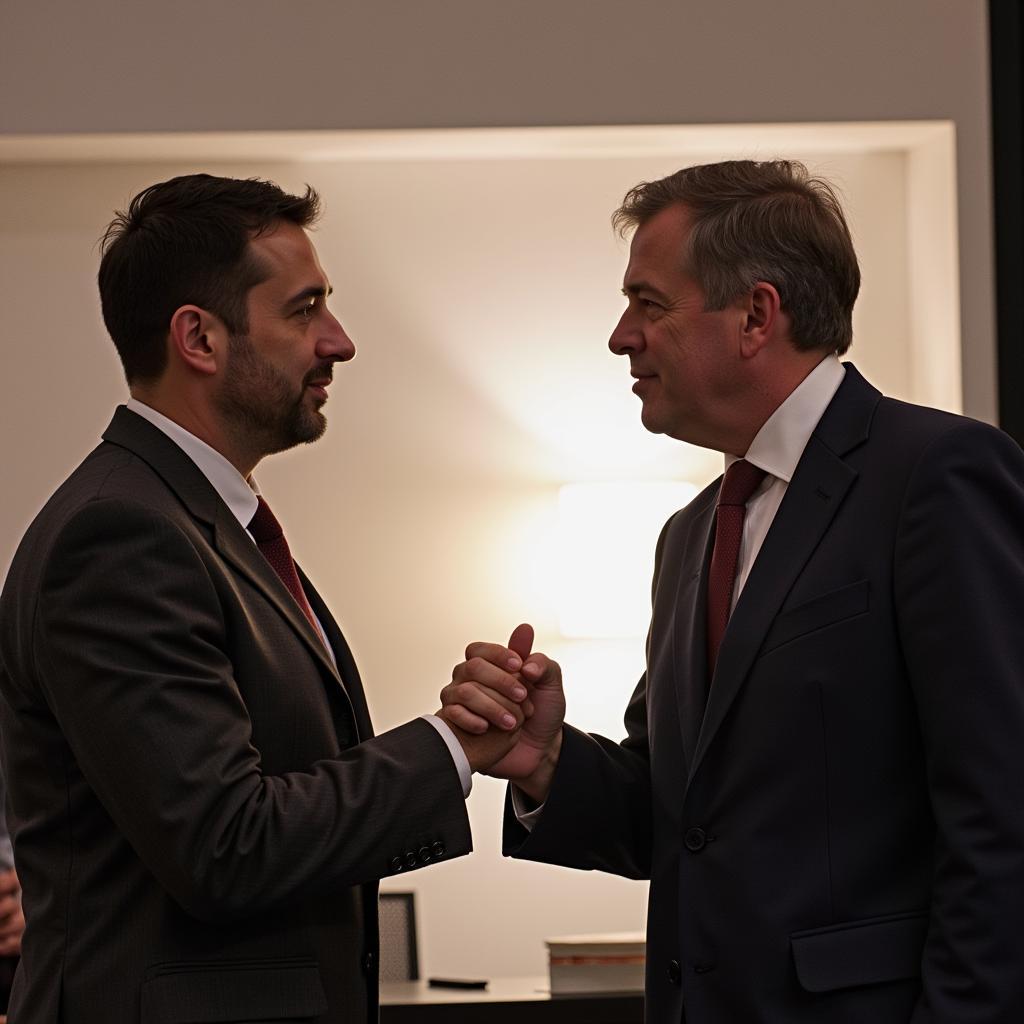 Two individuals shaking hands after a debate, acknowledging each other's perspectives with respect.