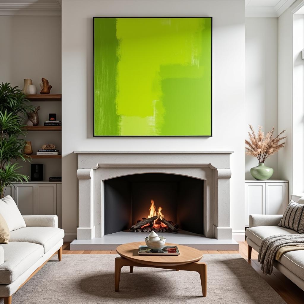 Living Room Featuring Lime Green Wall Art Above a Fireplace