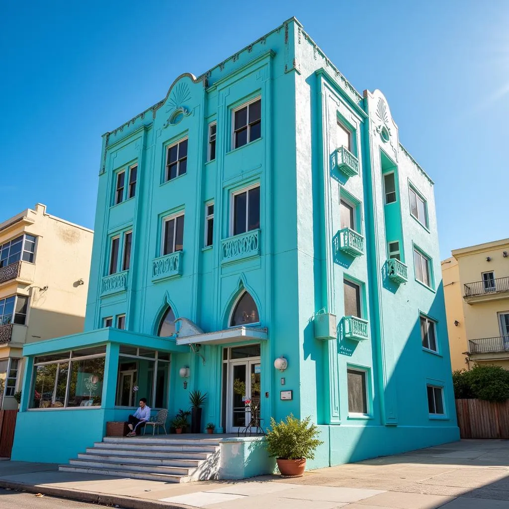 Long Beach Art Deco coastal building showcasing vibrant blue exterior and geometric designs