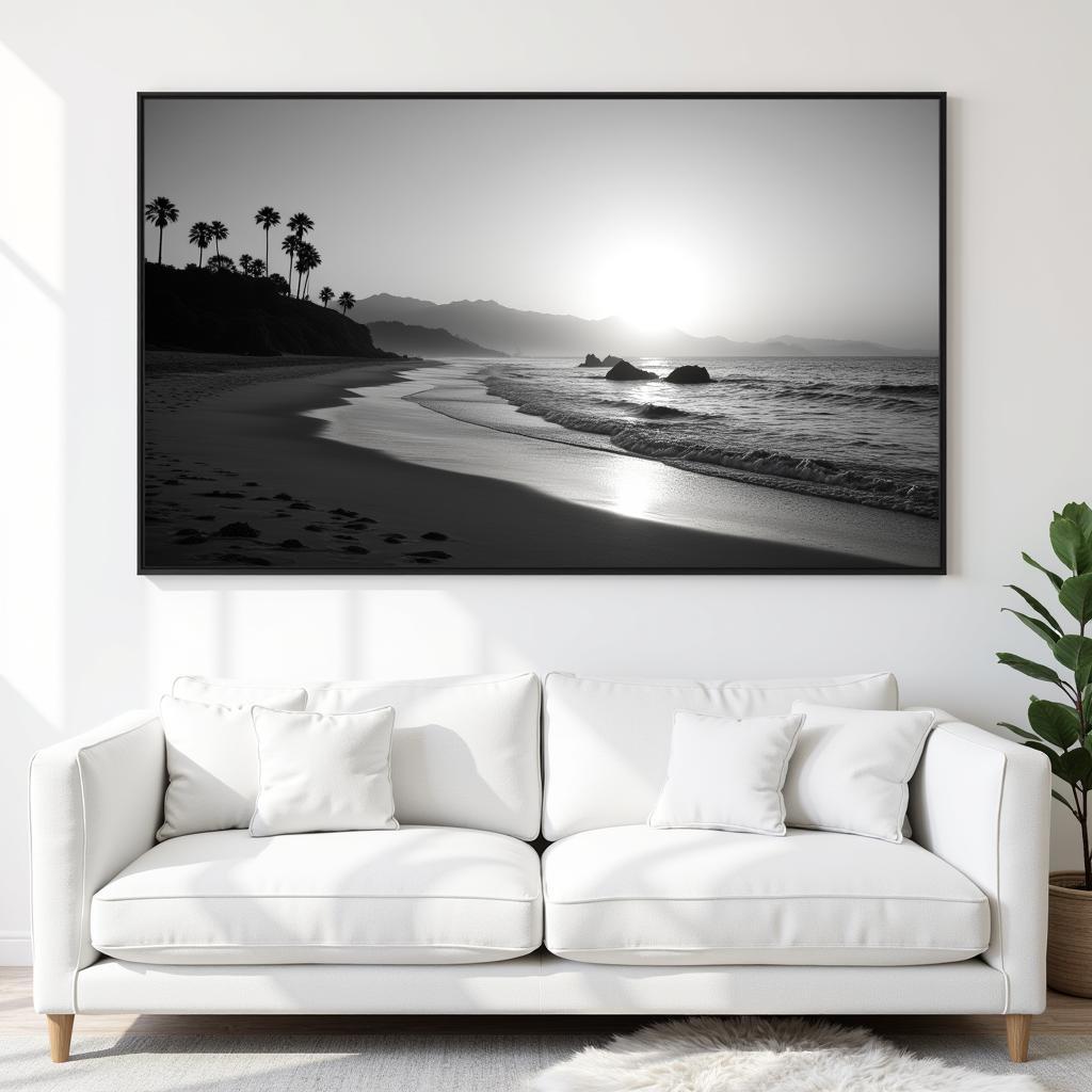 Los Angeles Beach Scene Photographic Wall Art: A stunning black and white photograph capturing the serene beauty of a Los Angeles beach at sunset, with gentle waves lapping the shore and silhouetted palm trees in the background.