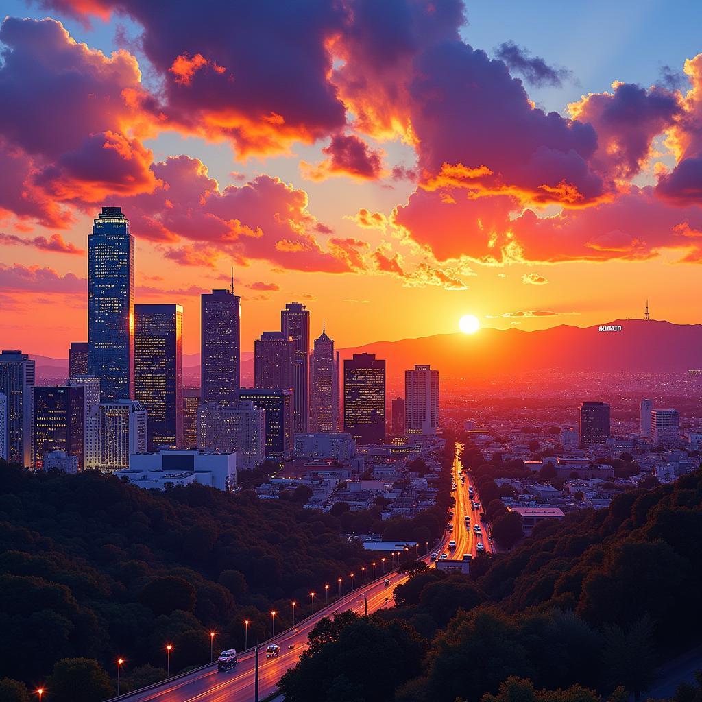 Los Angeles Skyline Art: Vibrant Sunset Panorama