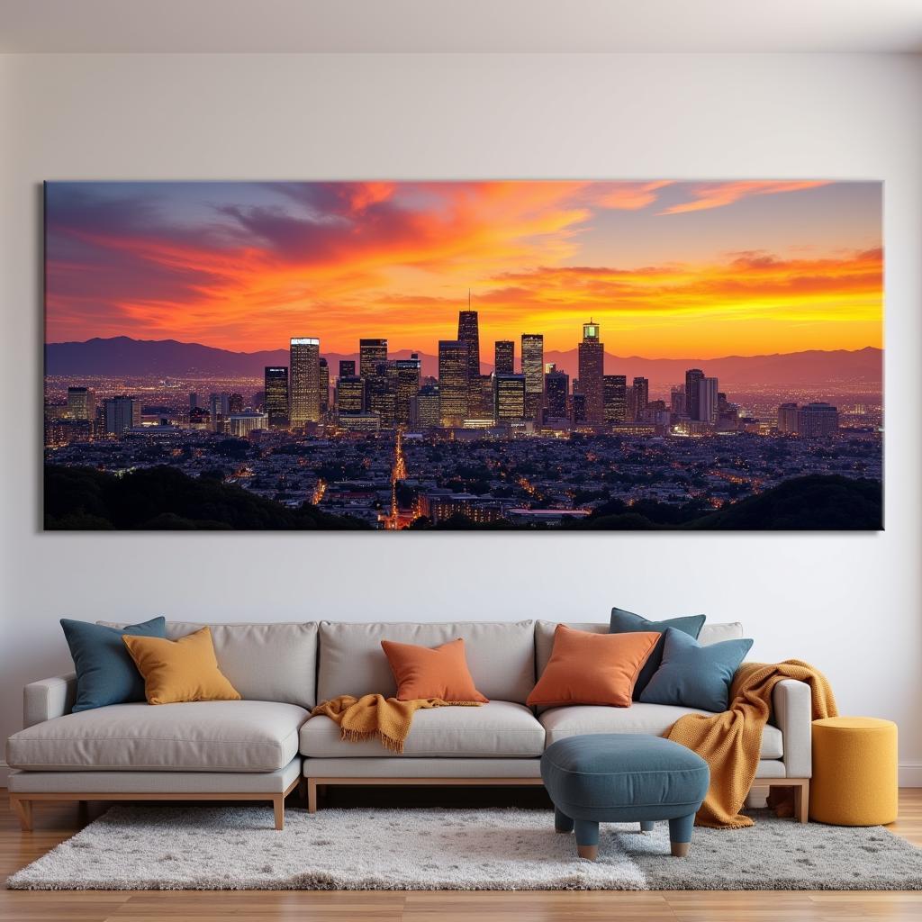 Los Angeles Skyline Wall Art Panorama: A breathtaking panoramic view of the Los Angeles skyline at sunset, featuring iconic landmarks and a vibrant cityscape.