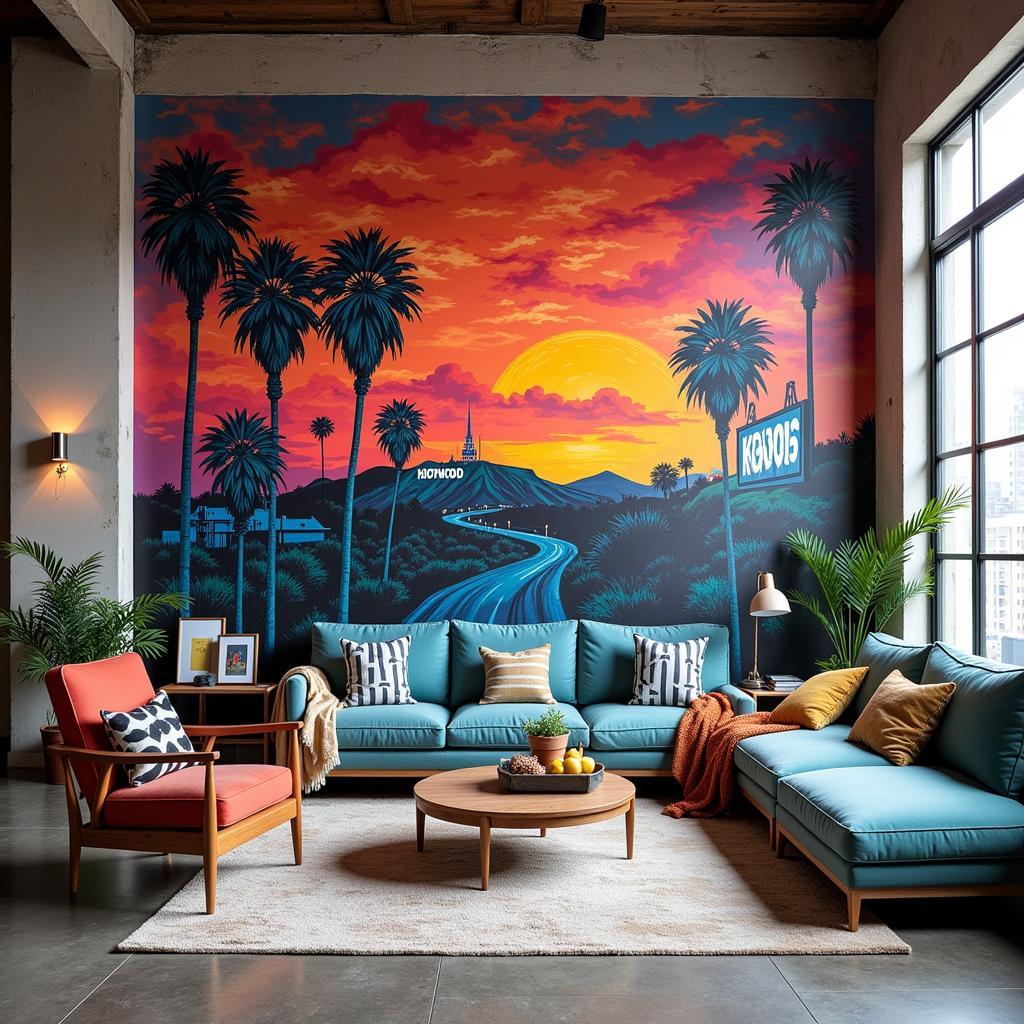 Los Angeles Street Art Mural Wall Art: A vibrant and colorful mural depicting iconic Los Angeles imagery, including palm trees, the Hollywood sign, and a classic California sunset.