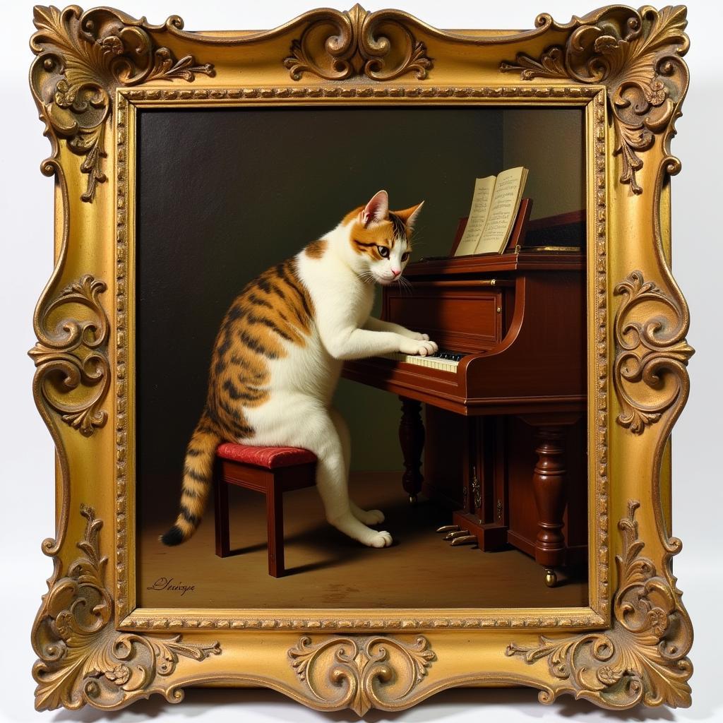 Louis Wain Cat Playing Piano in Antique Frame