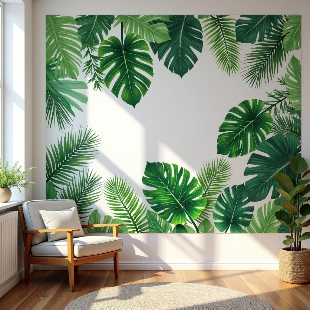 Lush green jungle wall art stickers transforming a living room into a tropical paradise.