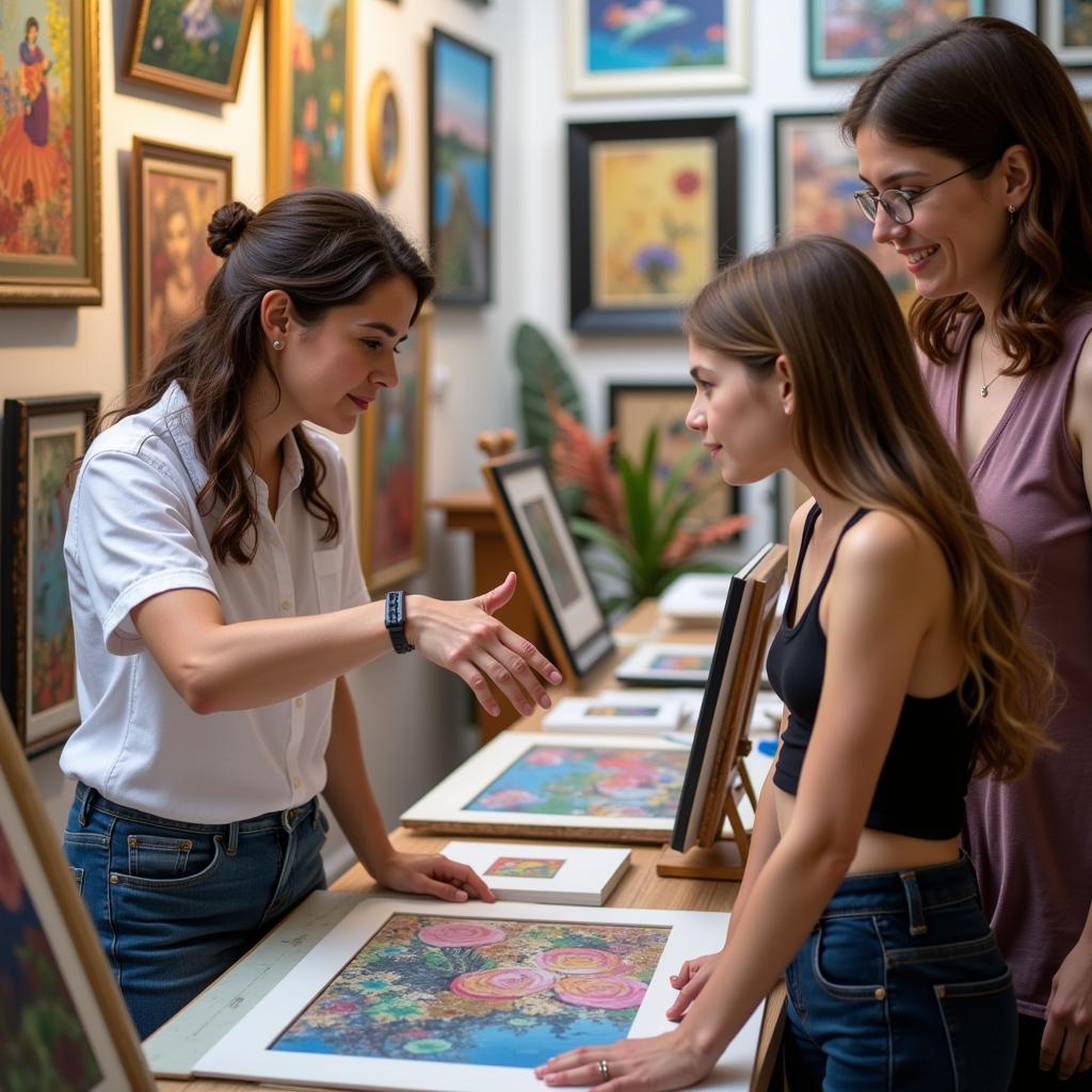 Artist discussing artwork with visitor