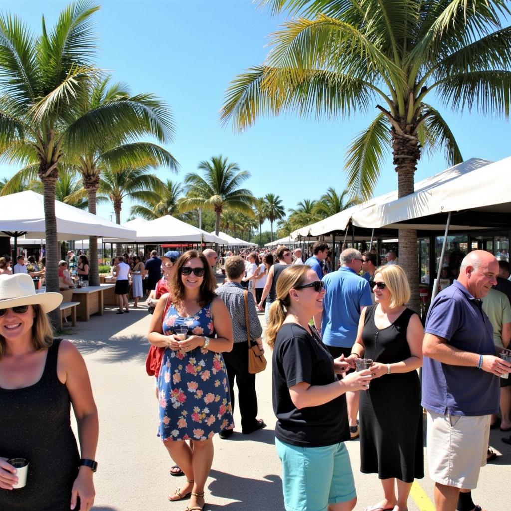 Attendees enjoying food and drinks at the art show