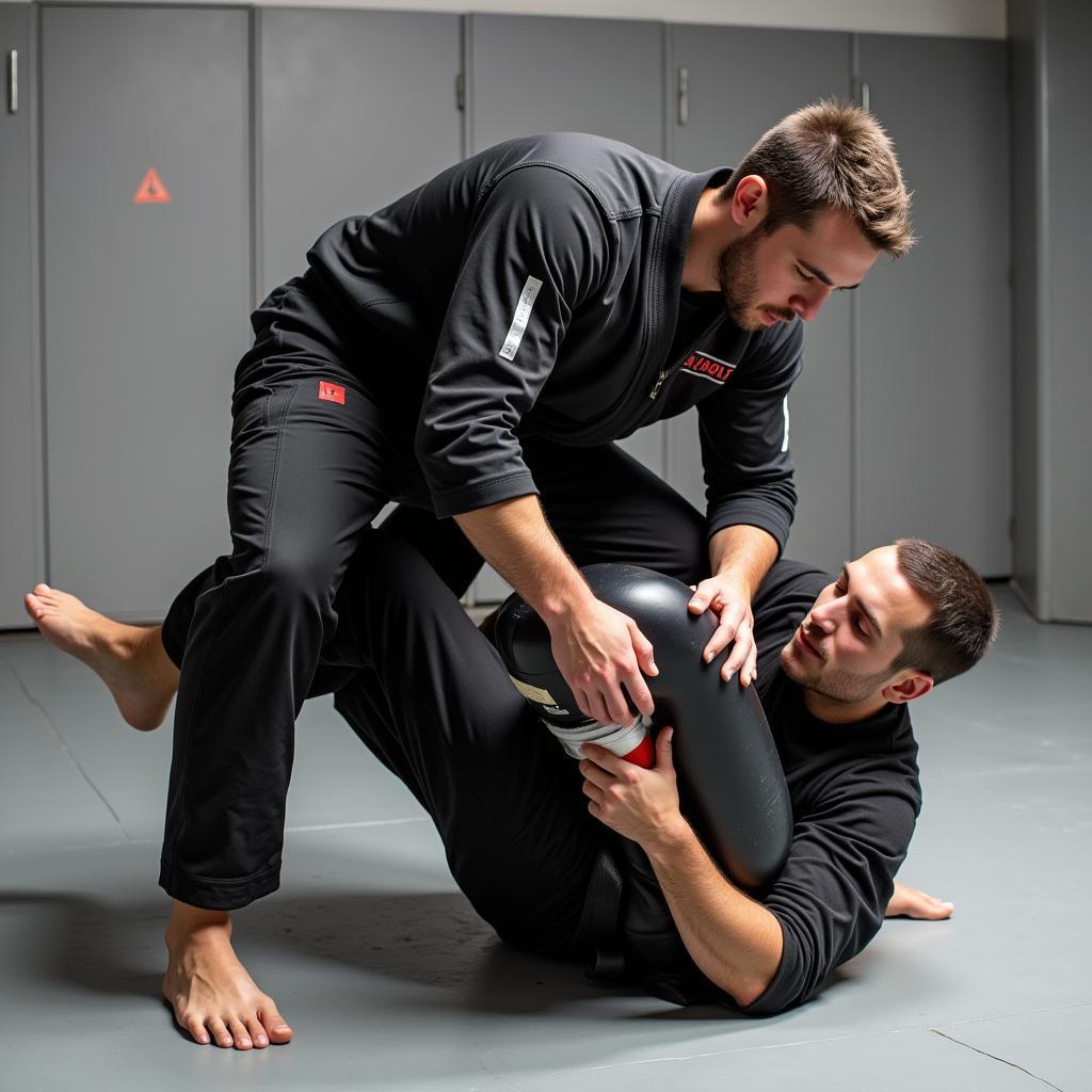 Two martial artists utilizing a grappling dummy for takedown and submission practice