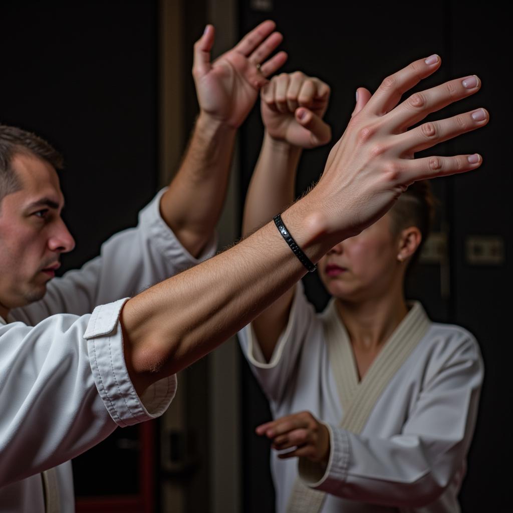 Close-up of a martial artist's hands striking a martial art dummy, focusing on proper hand positioning