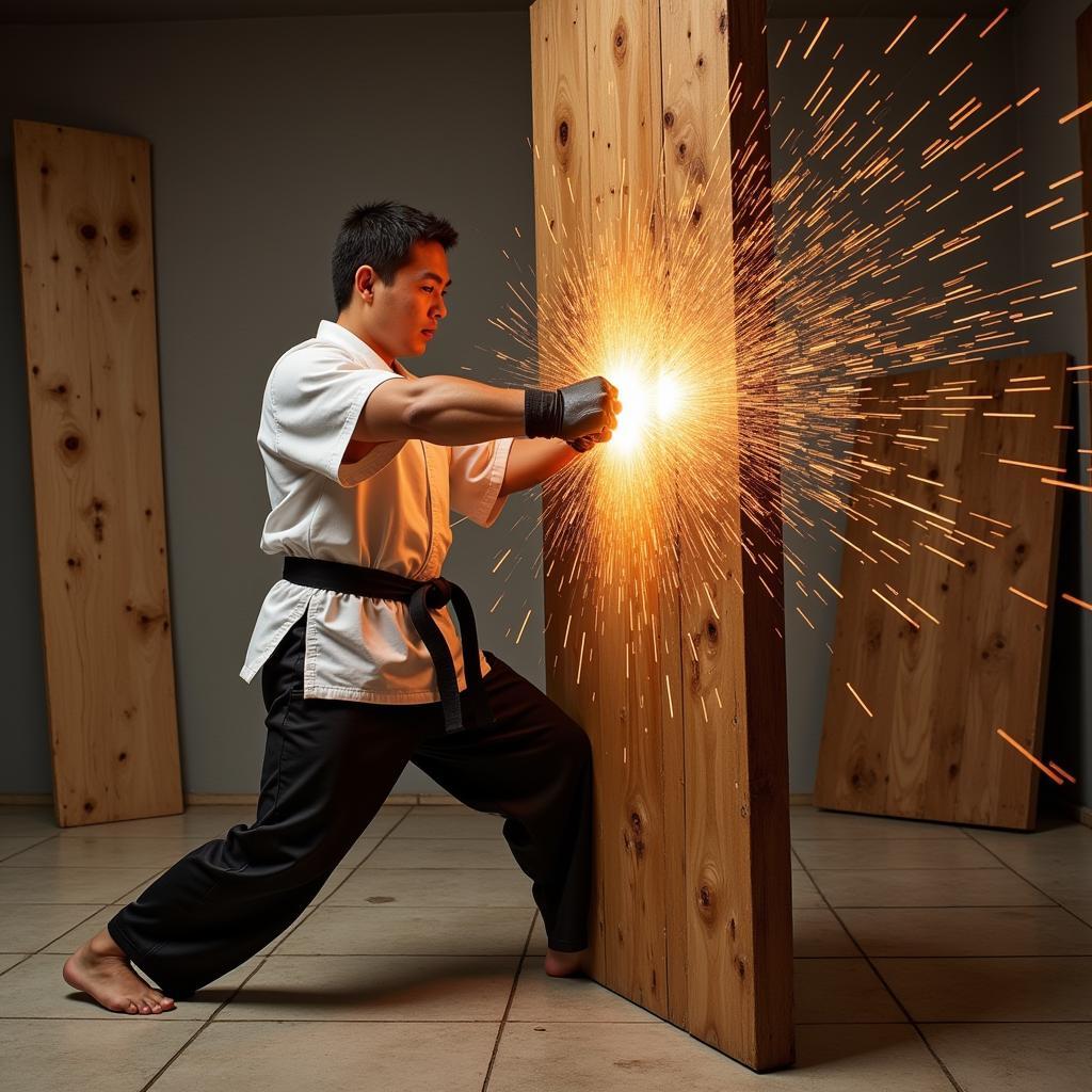 Martial artist breaking a wooden board