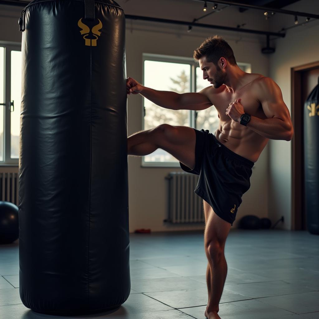 Martial arts practitioner training with a kicking bag