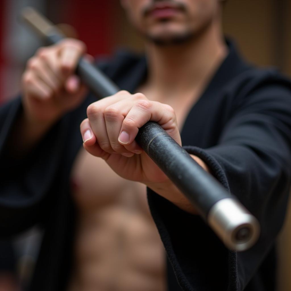 Martial arts student practicing with a bo staff