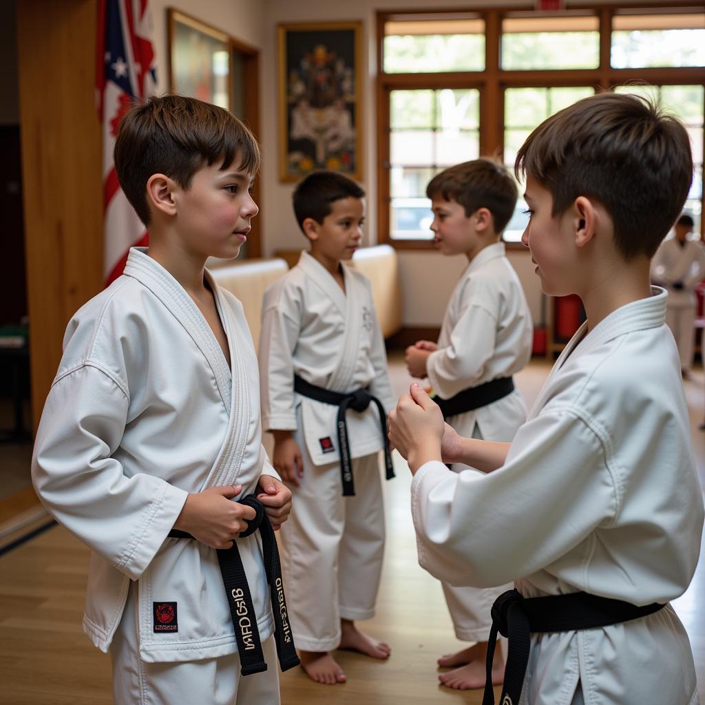 Martial arts students training diligently in a spacious, well-equipped dojo