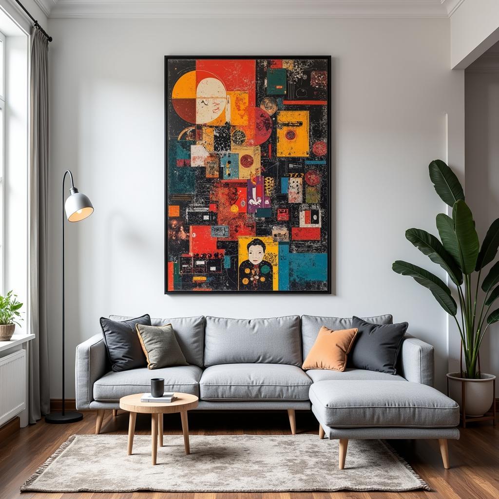 Maximalist art print hanging above a modern sofa