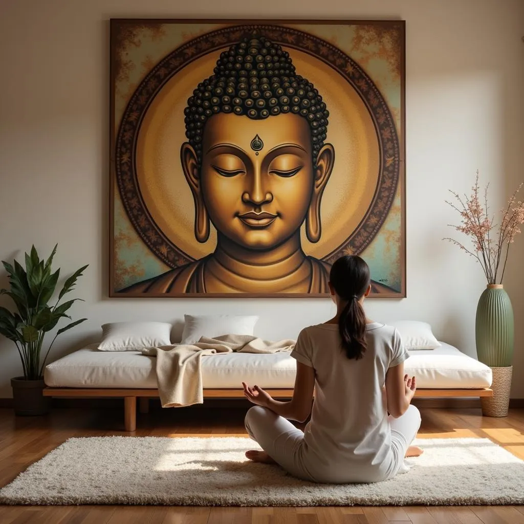 Meditating person with large Buddha wall art in the background