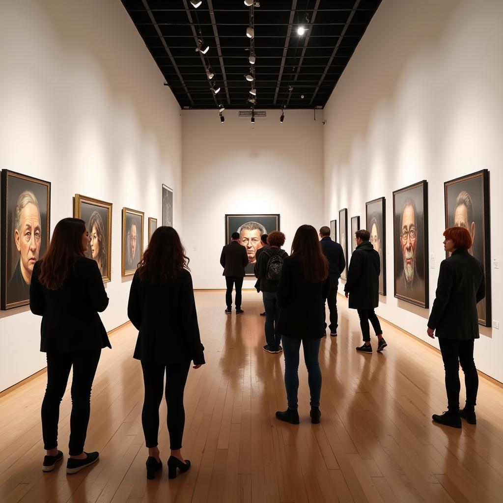 Visitors admiring Mei Ling's art in a gallery setting