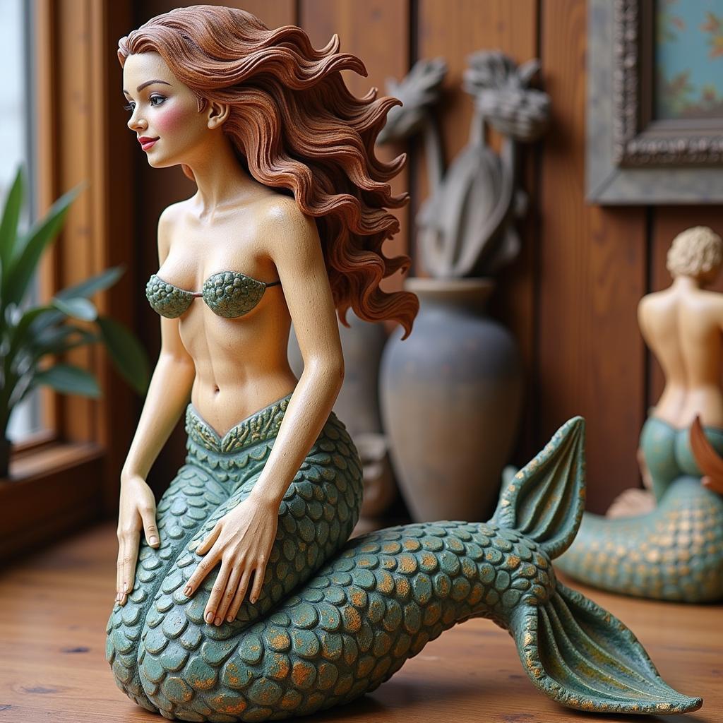 Wooden sculpture of a mermaid, showcasing intricate details and vibrant colors