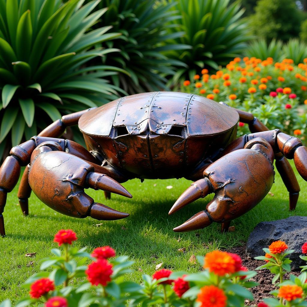 A stunning metal art crab sculpture adding a touch of whimsy to a lush garden