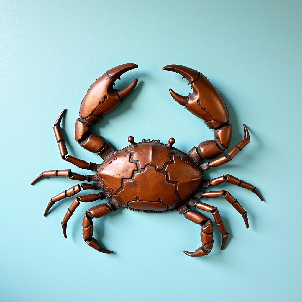 A striking metal art crab wall hanging adding a coastal vibe to a living room