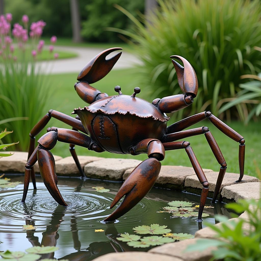 A captivating metal art crab sculpture enhancing the beauty of a backyard pond