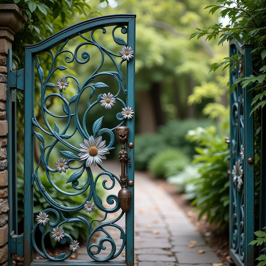 Intricate Metal Art Gate Adorning a Garden Entrance