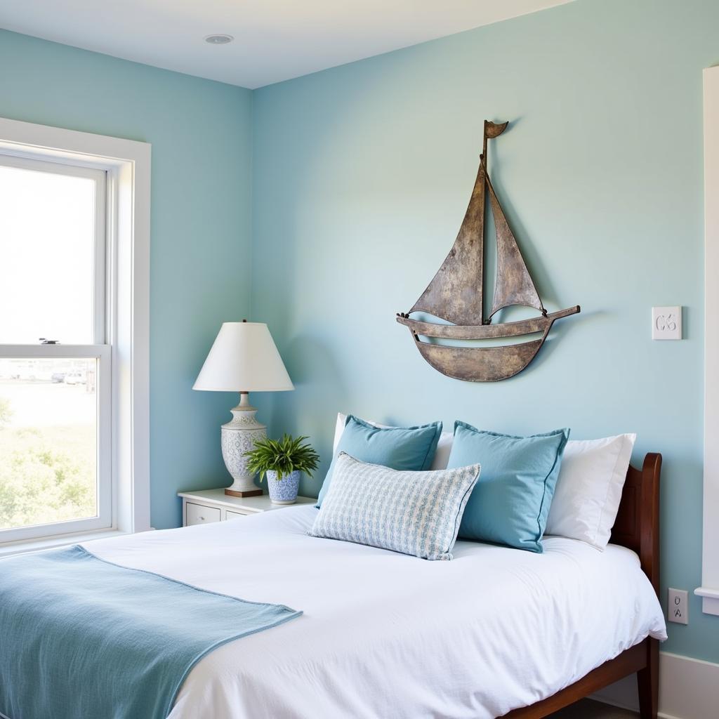 Metal Boat Wall Art in a Serene Coastal Bedroom